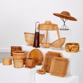 Group (15) Asian baskets and woven objects