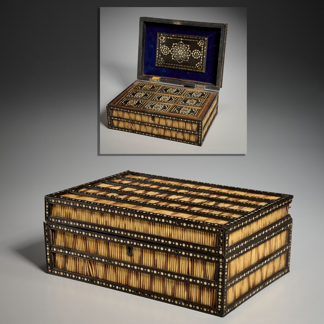 Anglo-Indian porcupine quill box: Anglo-Indian porcupine quill box, 19th/20th c., ebony inlaid with bone, porcupine quill segments, hinged top opening to compartments with loose lids, 5.25"h x 12.75"w x 9.5"d