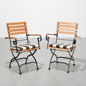 Pair teak & iron folding garden chairs