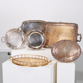 (6) Silver plate & brass banquet trays & platters