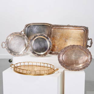 (6) Silver plate & brass banquet trays & platters: (6) Silver plate & brass banquet trays & platters, 20th c., various sizes and shapes, one round tray with handles and grape cluster decoration stamped "The Manor" in center, "Federal & Co Silver on Co