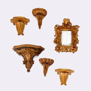 Rococo mirror and giltwood wall brackets: Rococo mirror and giltwood wall brackets, (6) pieces, incl. a small Rococo gilt metal wall mirror with beveled glass, 13"h x 9.5"w; a pair Italian carved wood gilt brackets, 6"h x 5.75"w x 4.5"d; a pa