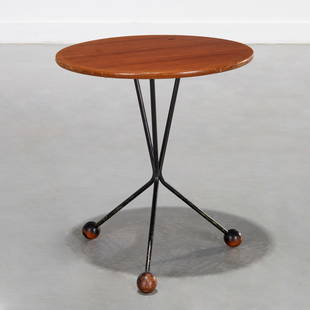 Albert Larsson (attrib), teak tripod side table: Albert Larsson (attrib), teak tripod side table, c. 1950s, attributed to Albert Larsson for Alberts Tibro, "Table in a Jar" black patinated base on ball feet, unmarked, 17.5"h x 15.5"dia