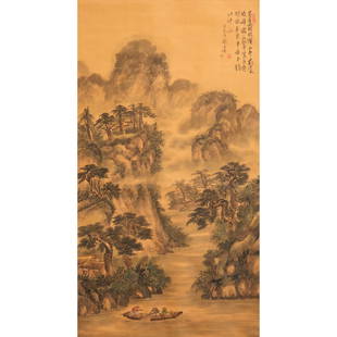 Chinese School, scroll painting: Chinese School, scroll painting, Chinese School (20th c.), Mountain river scene on silk, 49"h x 26.5"w (image), 76"h x 31"w (overall)