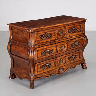 Louis XV Provincial style bombe commode: Louis XV Provincial style bombe commode, 20th c., incorporating antique elements, 33"h x 47"w x 21"d