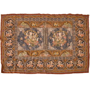 Large Burmese Kalaga tapestry: Large Burmese Kalaga tapestry, 19th/20th c., decorated with figures and animals, embroidered with gold thread, sequins, cabochon stones, 48"h x 75"w