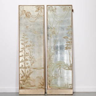 Art Deco two-panel eglomise screen: Art Deco two-panel eglomise screen, First half 20th c., silver leaf and paint on glass panel, decorated en grisaille with birds and flowering trees, framed in silvered wood 72"h x 20.5"w