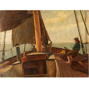 British School, oil on canvas: British School, oil on canvas, British School (early 20th c.), Young man on sailboat, no signature detected, canvas on stretcher, unframed, 10"h x 13"w