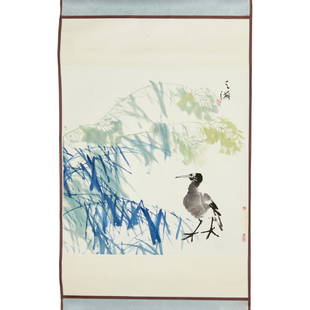 Signed Wang Zhihai, modern scroll painting: Signed Wang Zhihai, modern scroll painting, Attributed to Wang Zhihai (Chinese, b. 1943), Birds amidst Bamboo, ink wash and watercolors on paper mounted to paper, black ink inscription and three red s