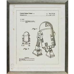 After Ralph McQuarrie, Star Wars R2D2 patent print: After Ralph McQuarrie, Star Wars R2D2 patent print, From the drawings submitted for the United States patent for the iconic droid, silk screened silver ink on paper, matted and framed under glass,