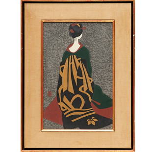 Kiyoshi Saito, woodblock print: Kiyoshi Saito, woodblock print, Kiyoshi Saito, (Japanese, 1907-1997), Woman Viewed from Back, pencil signed lower left, matted and framed under glass, 15.25"h x 9.75"w (sight), 21.5"h x 16.25"w