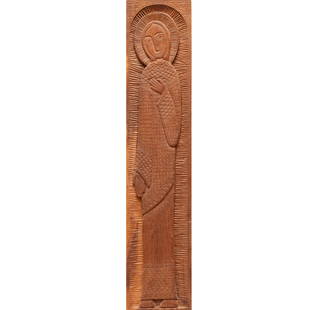 Hand-carved Greek "Mother of God" icon: Hand-carved Greek "Mother of God" icon, 20th c., relief carved wood plaque, inscribed "MPOV", carved signature "Antonio Andre" lower right edge, 39.5"h x 8.25"w x 1"d