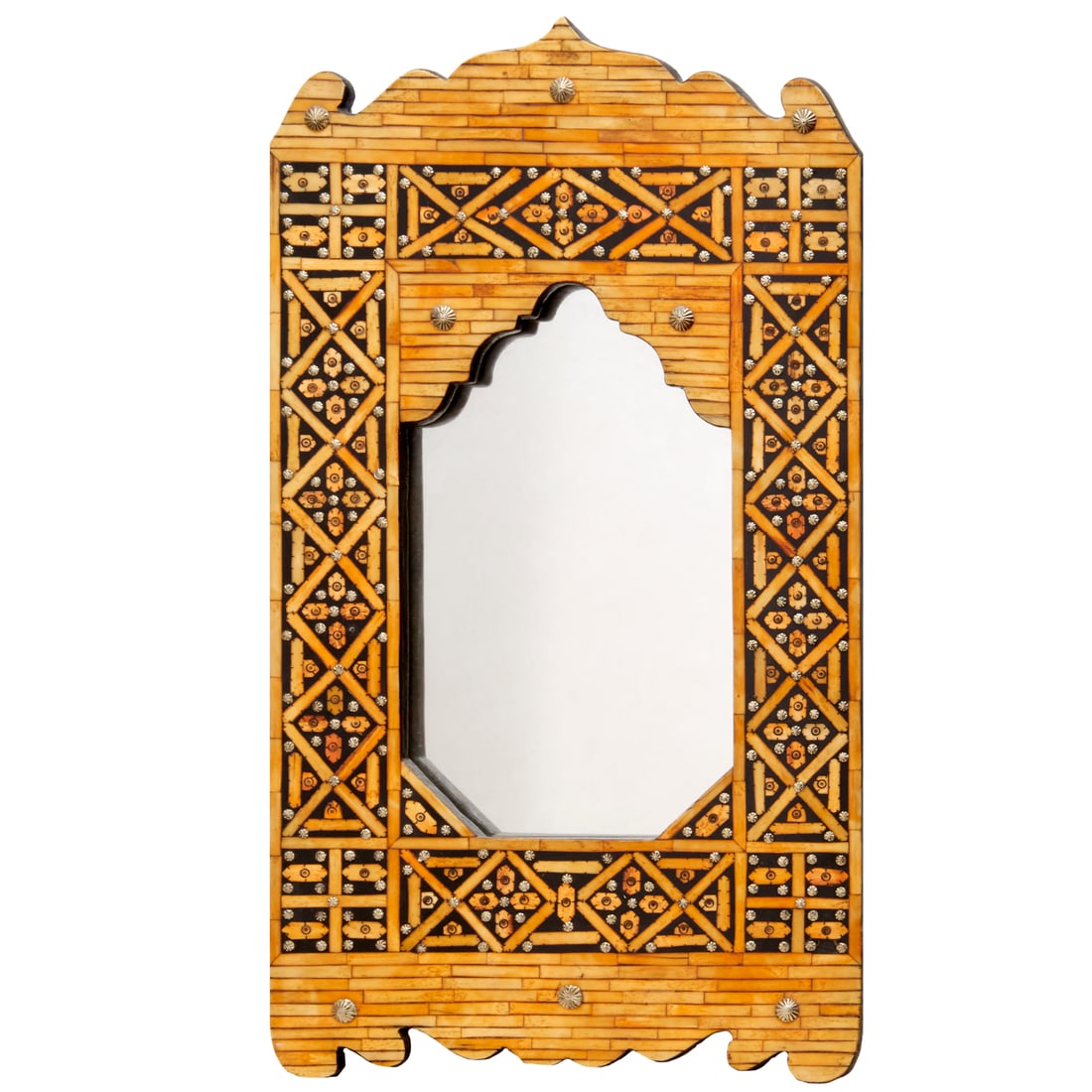 Vintage Moroccan bone inlay wall mirror: Vintage Moroccan bone inlay wall mirror, 20th c., bone inlay with nice aged patina, white metal rosette decorations, 16.75"h x 9.75"w (mirror), 32.5"h x 17.5"w (overall)