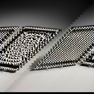 Stig Lindberg for Gustavsberg, (2) Domino dishes: Stig Lindberg for Gustavsberg, (2) Domino dishes, Mid-20th c., Sweden, black and white glazed ceramic, decorated in geometric designs, 8"squ Provenance: A Private Collection: 550 Park Avenue, NYC