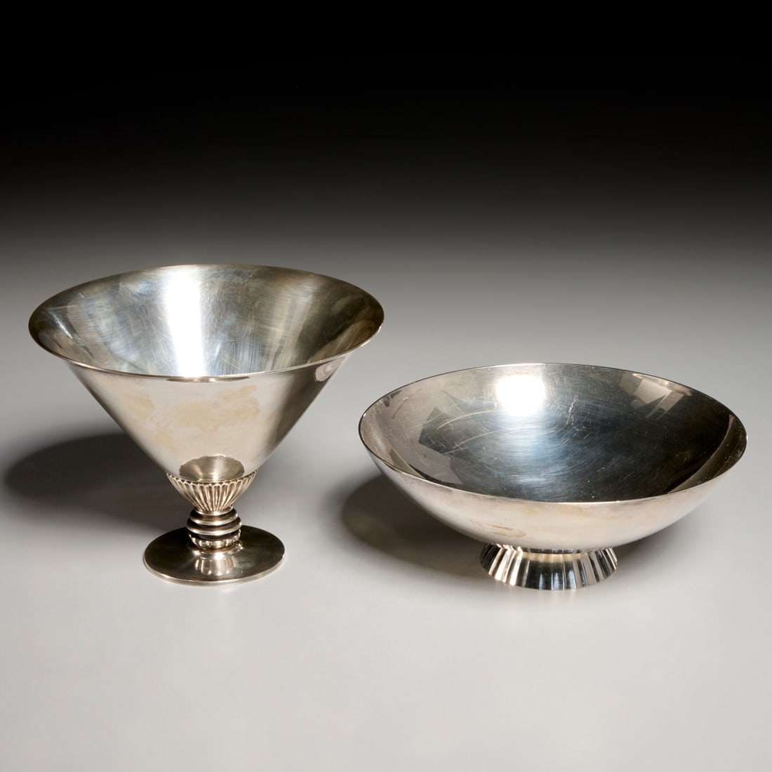 Georg Jensen, Denmark, (2) sterling bowls: Georg Jensen, Denmark, (2) sterling bowls, Post-1945, Denmark, including model 259 compote by Gundorph Albertus, 4.25"h x 6"dia, and model 823 bowl by Sigvard Bernadotte, 2.25"h x 6.25"dia, approx. 20
