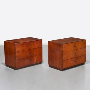 Directional Furniture, pair walnut low dressers: Directional Furniture, pair walnut low dressers, c. 1960s, USA, pair petite three-drawer dressers with brass pulls, on plinth base, metal "Directional for Calvin Furniture" labels in top drawers, 23"h