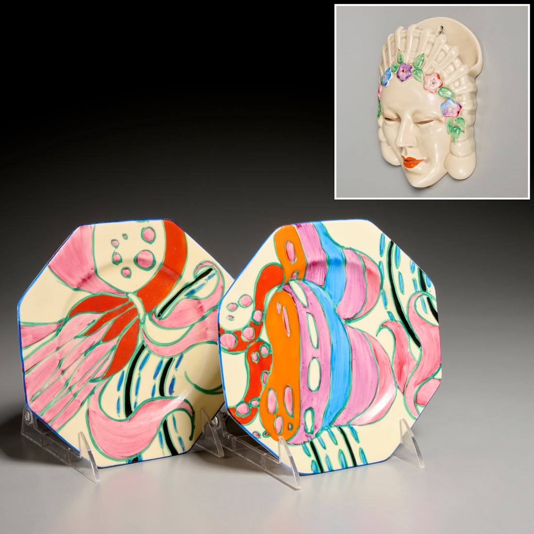 Clarice Cliff, wall pocket and (2) plates (1 of 10)