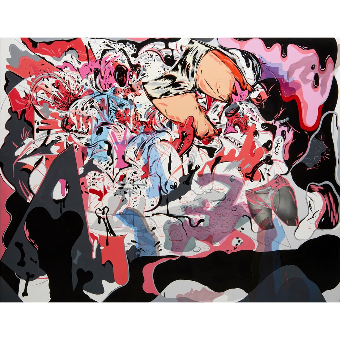 Chris Jehly, acrylic & spray paint on canvas, 2011: Chris Jehly, acrylic & spray paint on canvas, 2011, Chris Jehly (American, 21st c.), "Battle At Waste High", no signature observed, collection label verso, unframed, 75"h x 96"w Provenance: From an Im