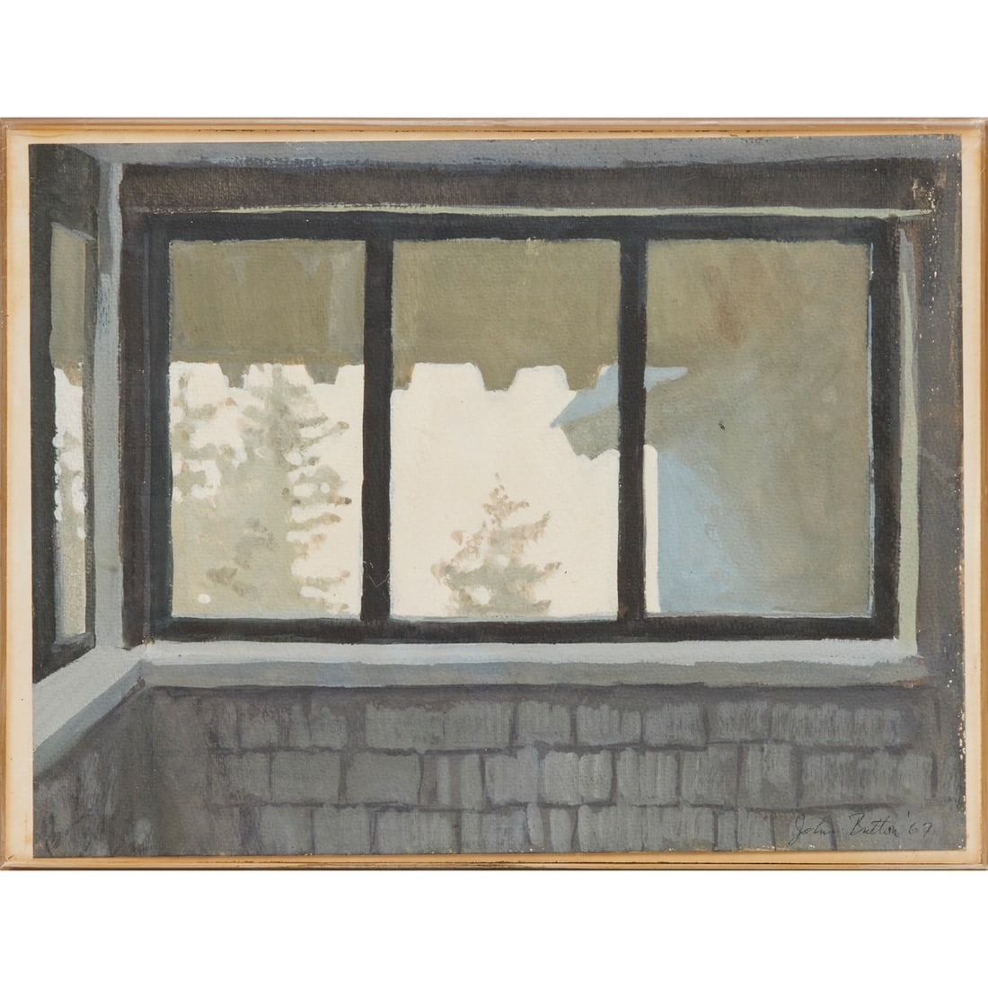 John Button, gouache on paper, 1967: John Button, gouache on paper, 1967, John Button (American, 1929-1981), "Porter Porch", signed and dated "John Button, '67" at lower right, gallery label verso, in protective acrylic frame, 9"h x 11.7