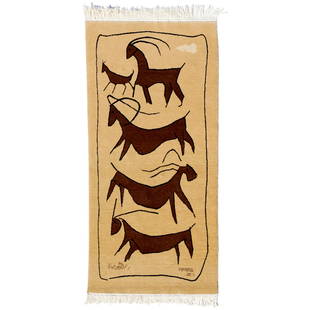 Marcos Grigorian, art rug, 2007: Marcos Grigorian, art rug, 2007, Marcos Grigorian (Iranian, 1925-2007), piled wool in browns, depicting five stacked goats on a tan ground, inscribed and signed in Farsi and dated along lower edge,