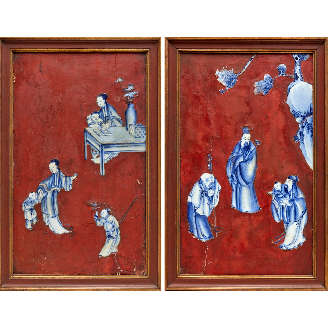 Pair Chinese red lacquered porcelain plaques (1 of 9)