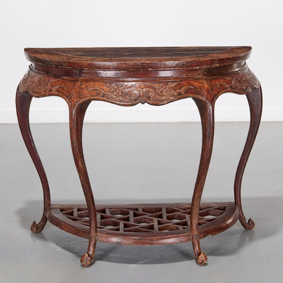 Chinese carved wood demilune console table (1 of 8)