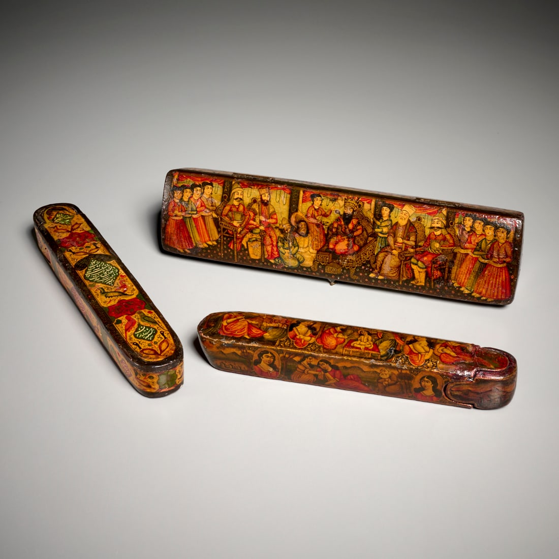 (3) Qajar lacquered papier mache pen boxes (1 of 7)