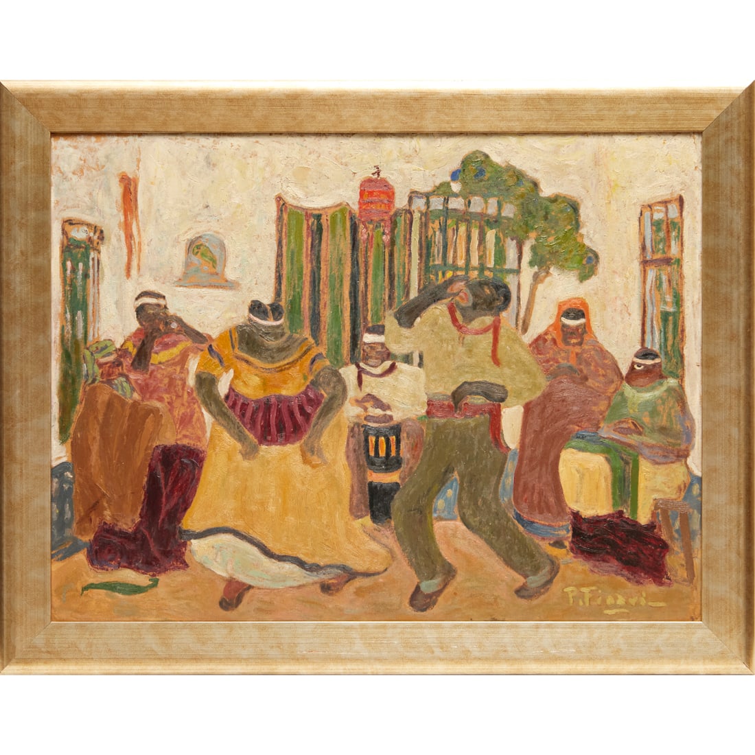 Pedro Figari (attrib.), oil on board: Pedro Figari (attrib.), oil on board, Attributed to Pedro Figari (Uruguayan, 1861-1938), "Nostalgias Africanas", signed "P. Figari" lower right, titled and with series label on verso, 23"h x 30.85"w (