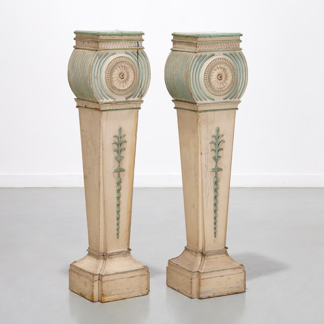 Pair George IV painted pine pedestals, signed: Pair George IV painted pine pedestals, signed, Pencil dated 1833, England, grey and green painted wood, after a design by Thomas Chippendale, signed and dated "John Japponer 1835" to underside base, 4