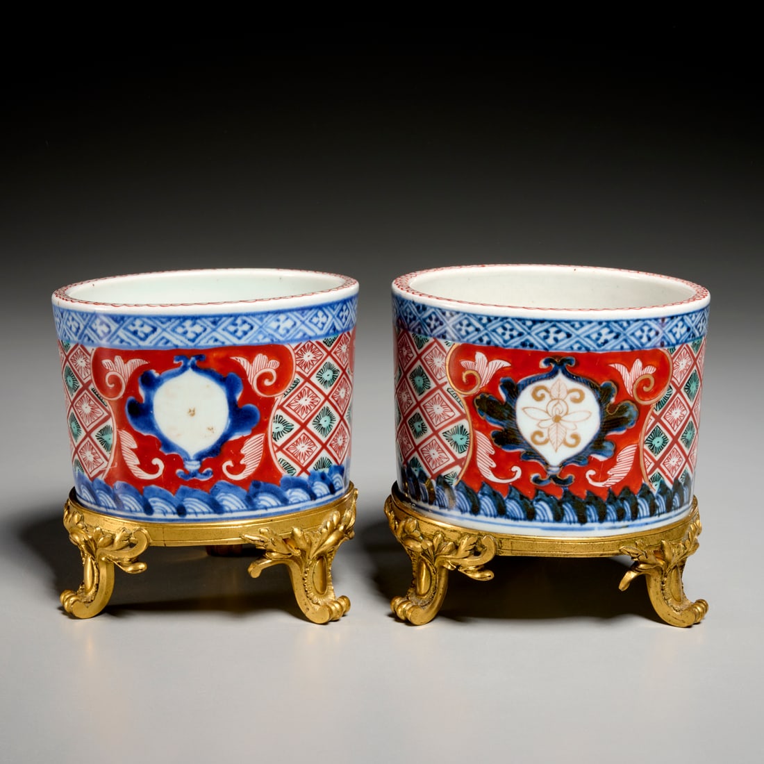 Pair Imari bronze mounted porcelain cache pots (1 of 9)