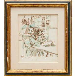 Walter Sickert, pen and watercolor drawing: Walter Sickert, pen and watercolor drawing, Walter Richard Sickert ARA (British, 1860-1942), "Mrs. Beeton", titled and signed along over margins, matted and framed under plexiglass, 10"h x 8"w (sight)