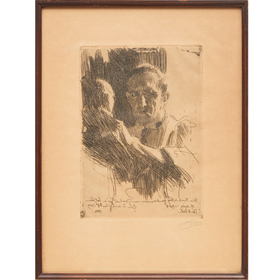 Anders Zorn, black and white etching, 1909: Anders Zorn, black and white etching, 1909, Anders Zorn (Swiss 1860-1920), ''Prince Paul Troubetzkoy II'' (Asplund 219), inscribed, signed and dated in plate (reverse text), signed in pencil lower rig