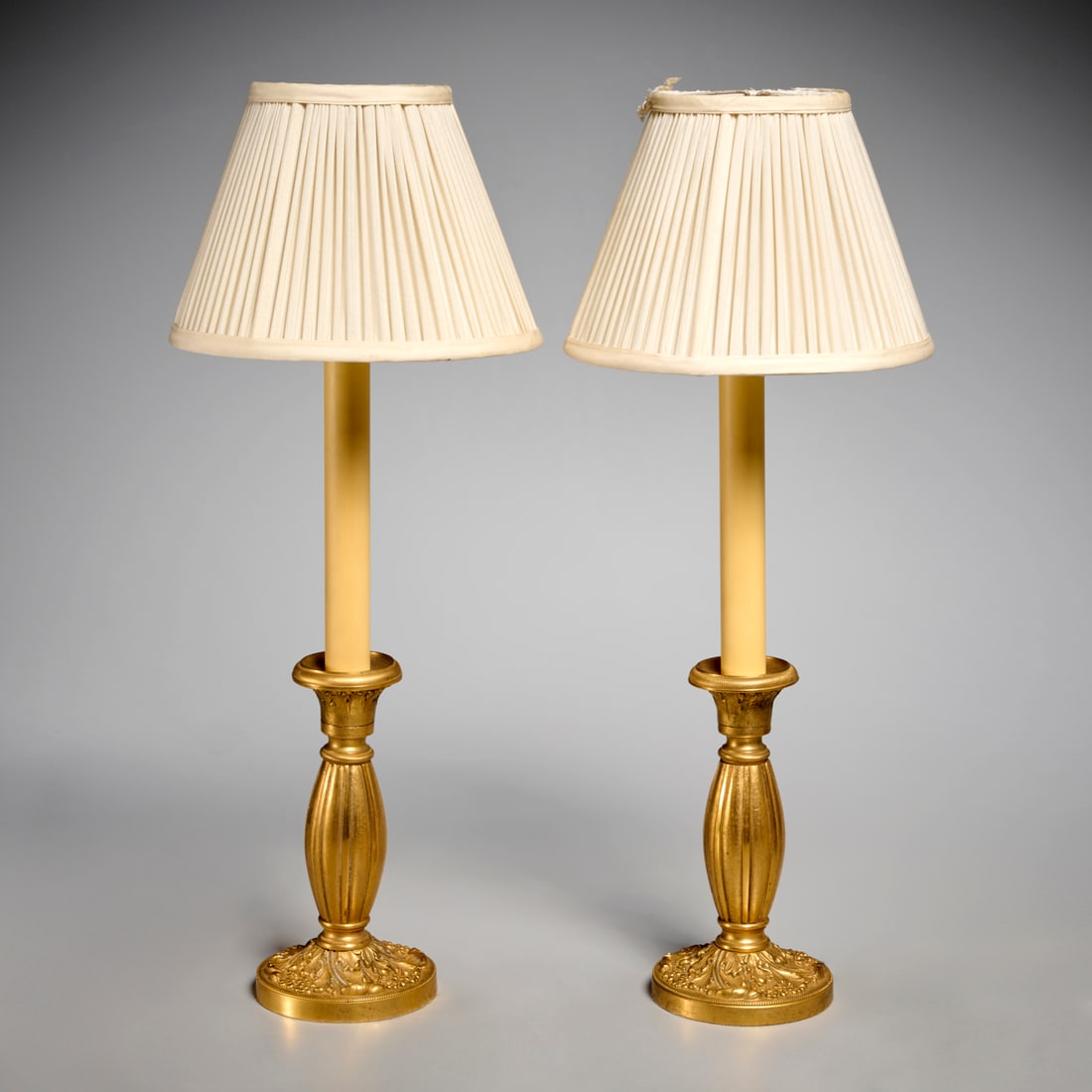 Pair Louis XVI style gilt bronze candlestick lamps (1 of 6)
