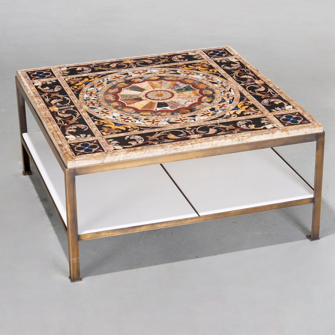 Italian pietra dura coffee table, ex Christie's: Italian pietra dura coffee table, ex Christie's, Likely 18th/19th c., Italy, in the style of Giovanni Battista Foggini, square top inlaid with various hard stones, including alabastro fiorito, brocate