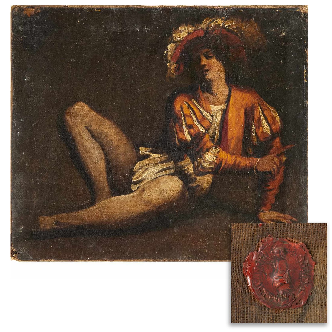Giorgione da Castelfranco (after), oil on canvas: Giorgione da Castelfranco (after), oil on canvas, After Giorgione da Castelfranco (Italy, c.1477-1510), Reclining Male Figure, inscribed "Bell originale di Giorgione da Castelfranco" and red wax seal
