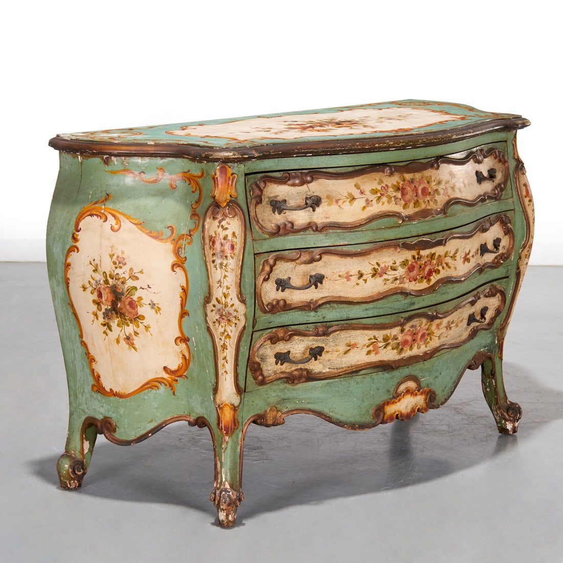 Venetian polychrome painted bombe commode (1 of 9)