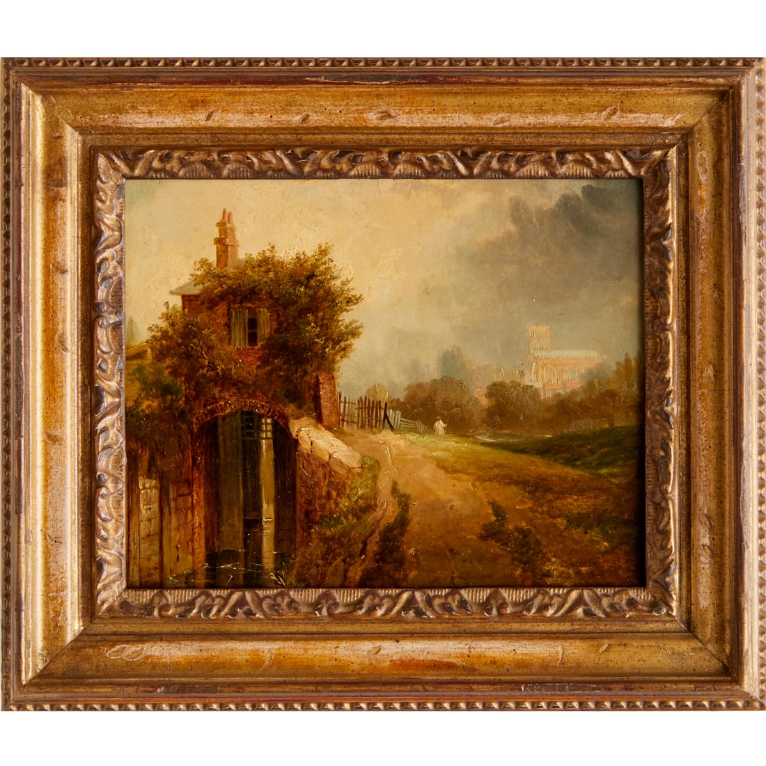 British School, oil on board: British School, oil on board, British School (19th c.), Bolton Garden, initialed "W.W." at lower right, inscribed "ECYC Bolton Garden" verso label, 8"h x 10"w (board), 12"h x 14"w (frame)