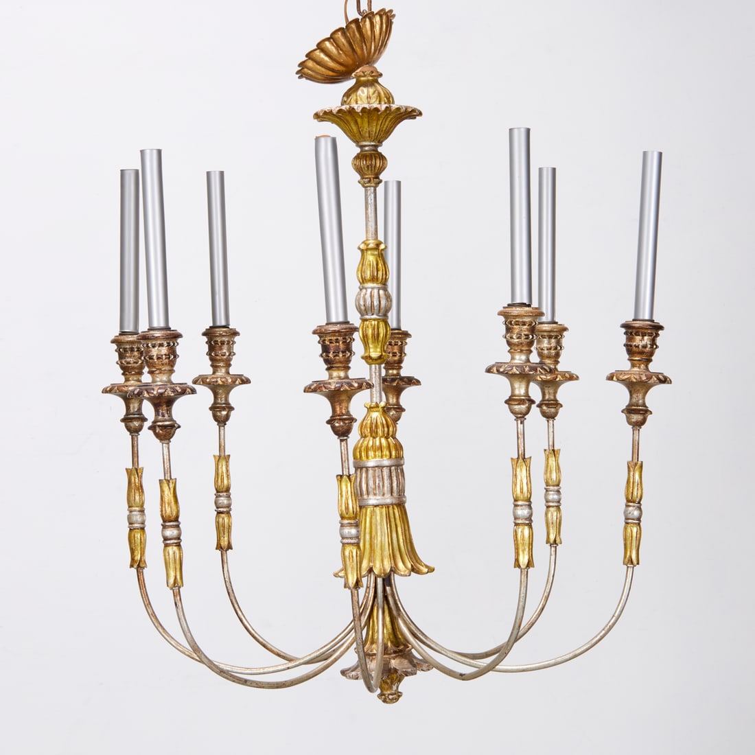 Italian silvered and giltwood chandelier: Italian silvered and giltwood chandelier, 20th c., eight lights, unmarked, 39"h x 25"dia (incl. chain)