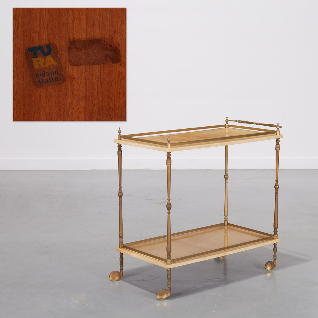 Aldo Tura brass and goatskin bar cart: Aldo Tura brass and goatskin bar cart, 1960s, Italy, on casters, small sticker label to underside, 30"h x 30.75"w x 16"d