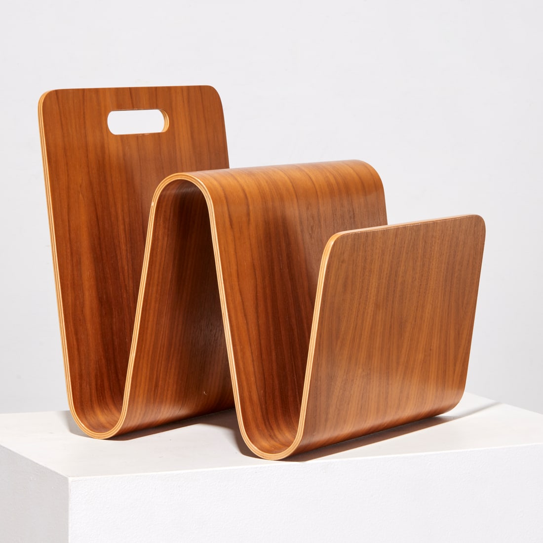Eric Pfeiffer for Offi, magazine stand: Eric Pfeiffer for Offi, magazine stand, Designed c. 2000, walnut finished plywood, unmarked, 14"h x 13"w x 14.25"d