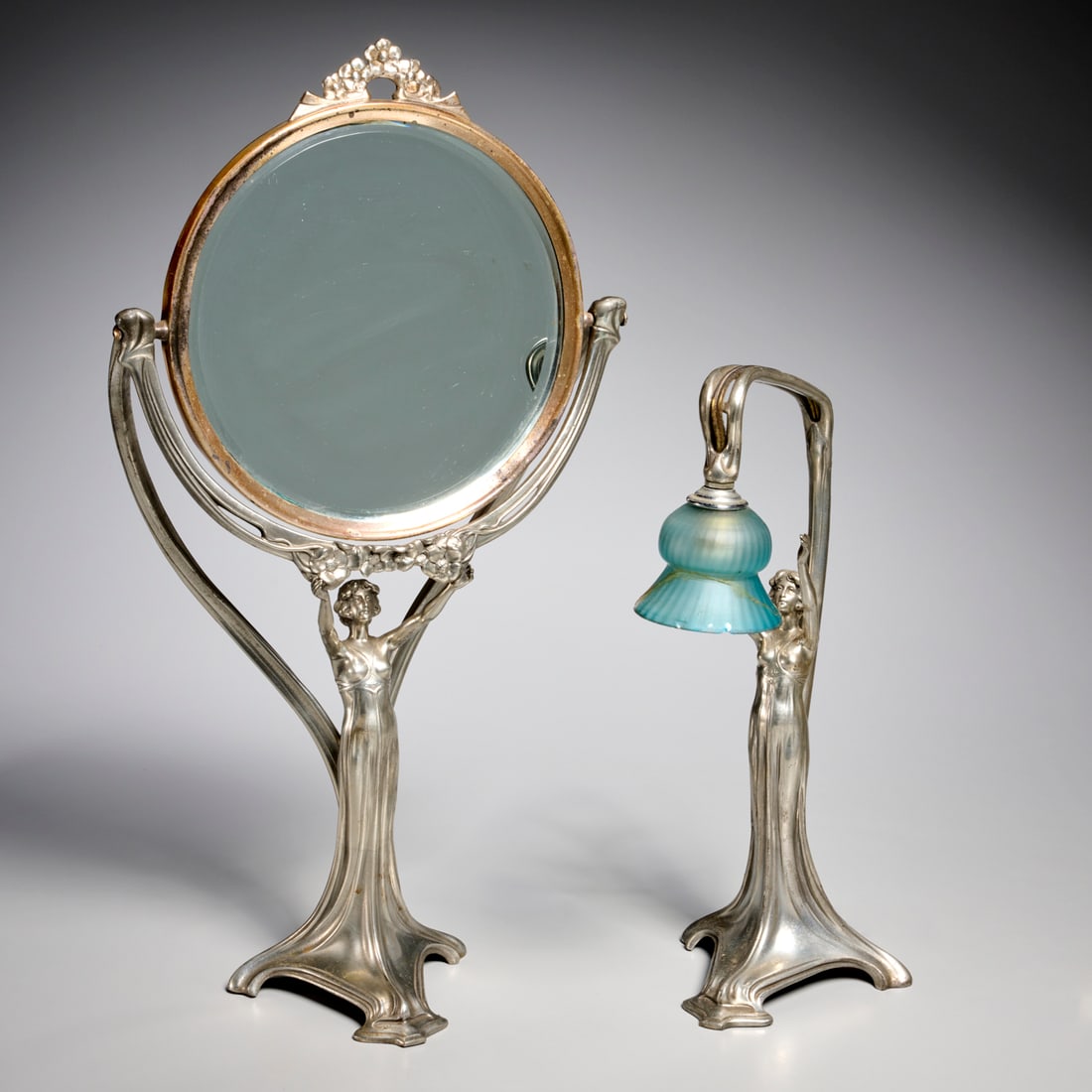 WMF (attrib) Art Nouveau figural mirror and lamp (1 of 8)