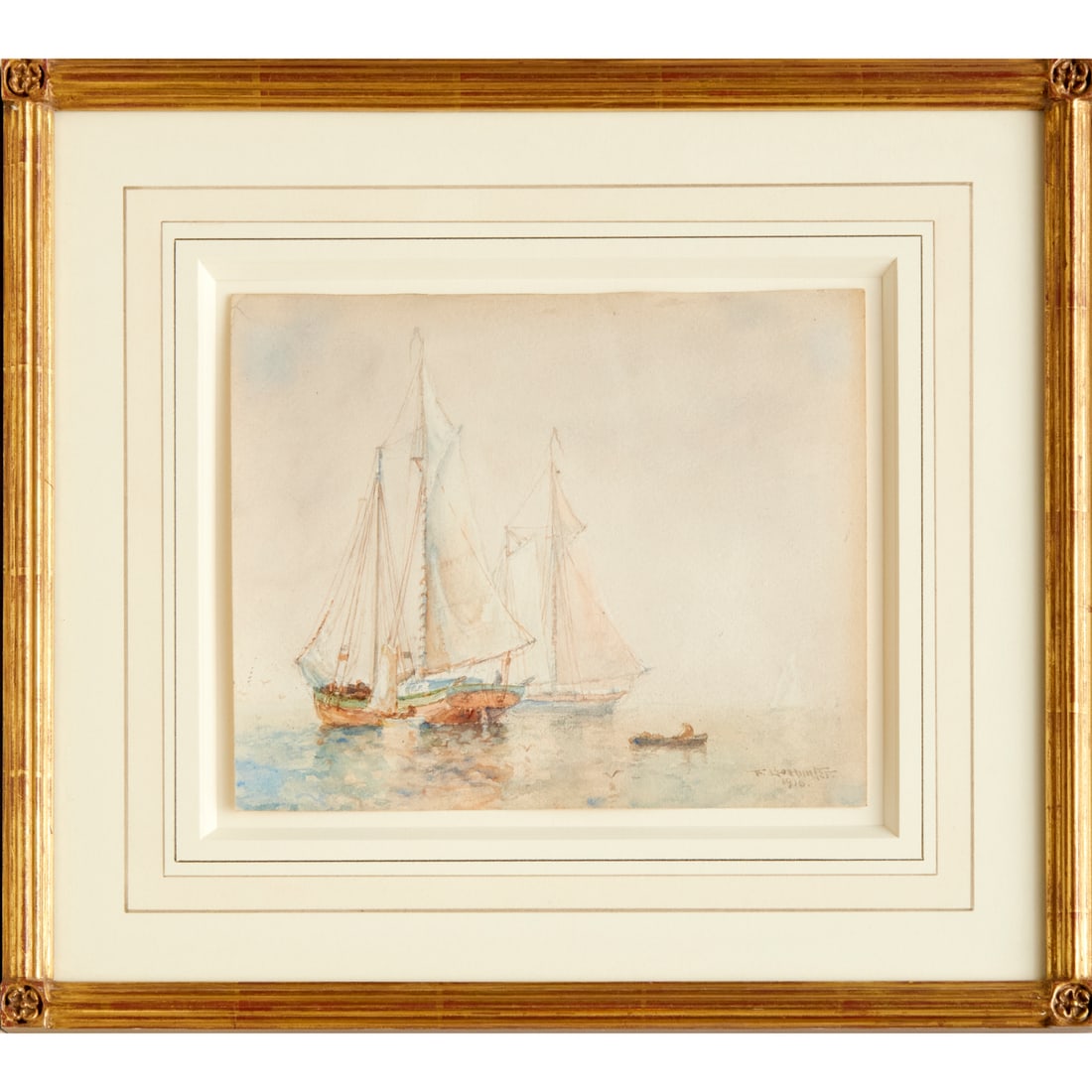 Frederick Leo Hunter, watercolor on paper, 1910: Frederick Leo Hunter, watercolor on paper, 1910, Frederick Leo Hunter (American, 1858-1943), Sailboats, watercolor on paper, signed and dated "F. Leo Hunter, 1910" at lower right, 8.25"h x 10"w (sheet