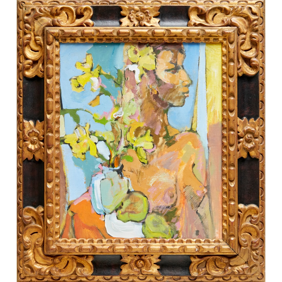 Korean Modern School, oil on board: Korean Modern School, oil on board, Korean Modern School (20th c.), Nude with flowers and fruit, oil on board, unsigned, Sam Ick inspection label on frame verso, 23.25"h x 19"w (sight), 34"h x 29.5"w 