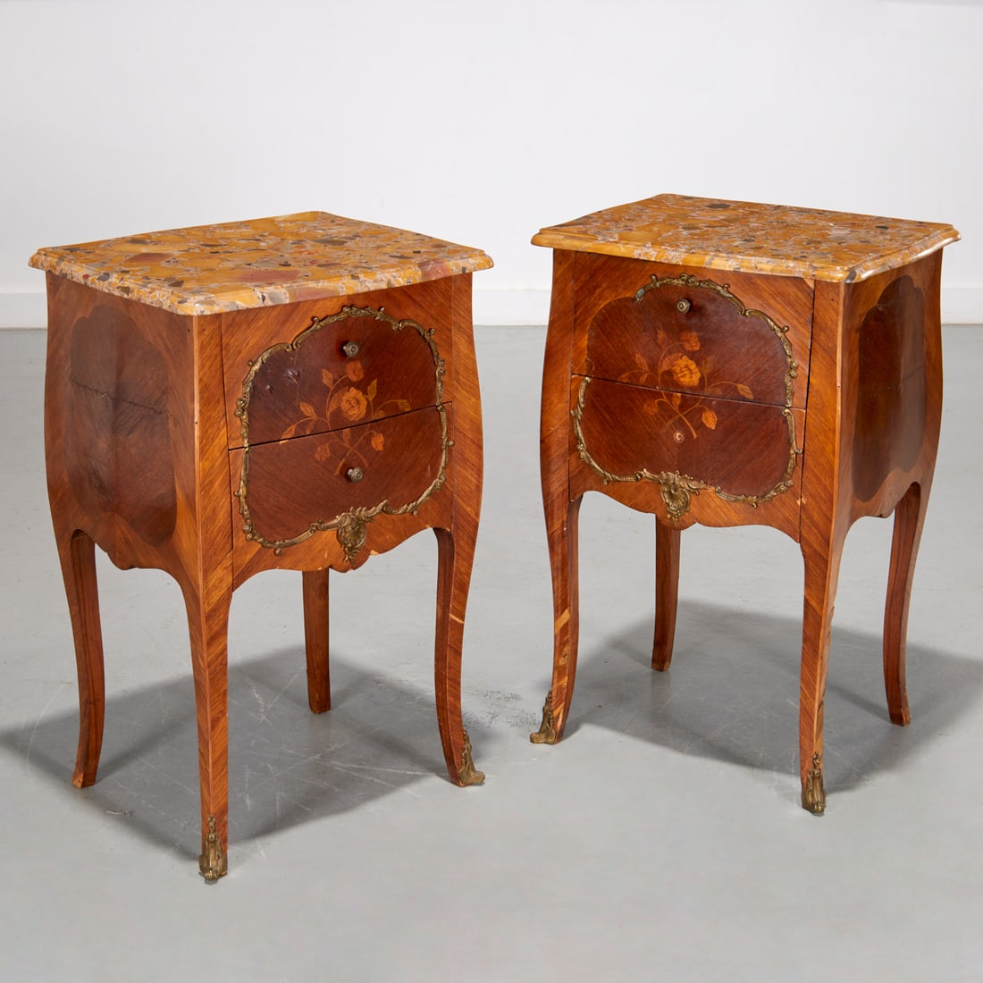 Pair Louis XV style marquetry inlay bedside tables (1 of 11)