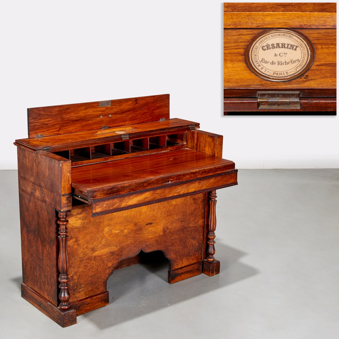 Cesarini & Cie., converted cased organ desk: Cesarini & Cie., converted cased organ desk, 19th c., Paris, figured mahogany and rosewood, cased organ converted to desk, with medallion label, also labeled "Lowe, Sheffield" on cubby inserts, 34"h x