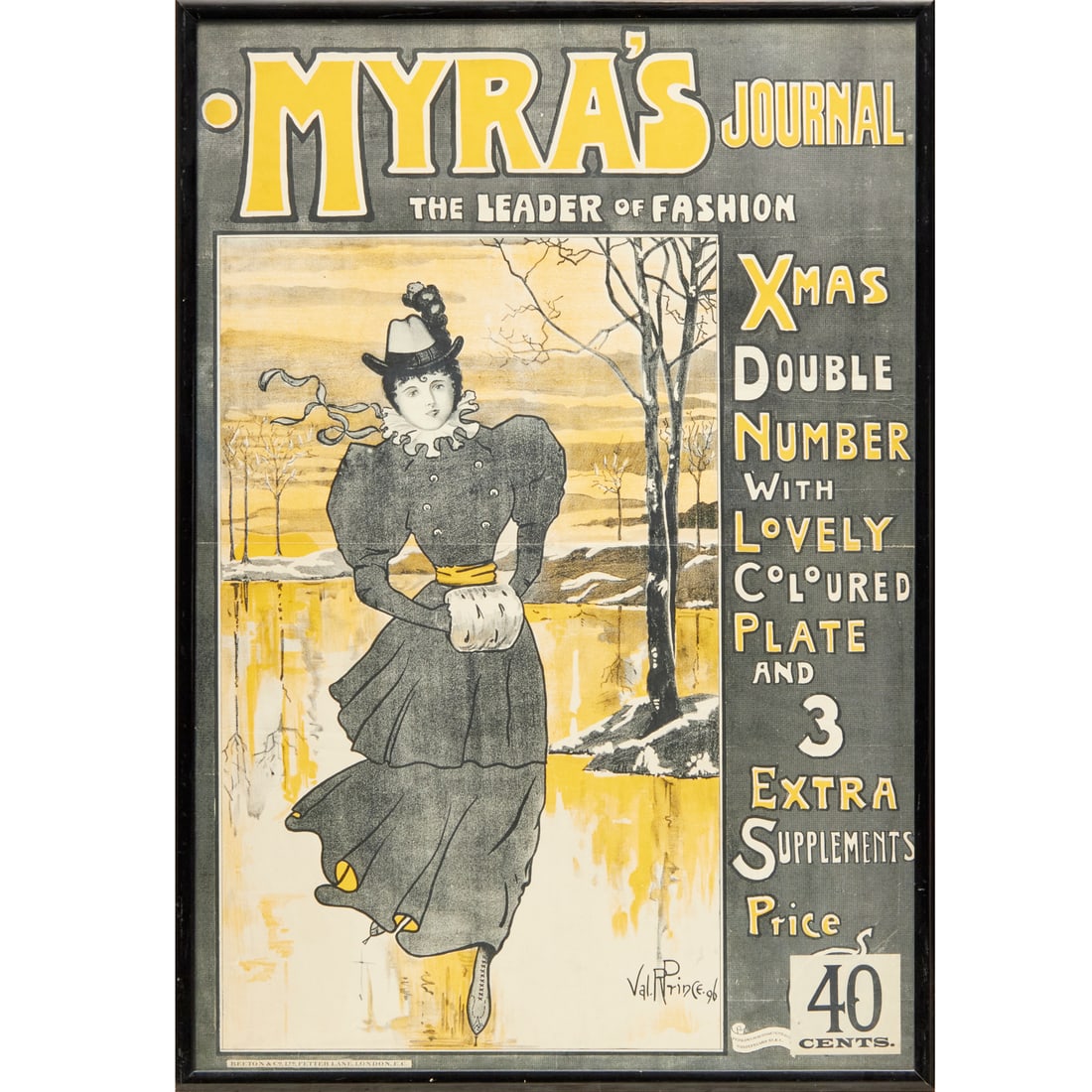"Myra's Journal", lithographic poster, 1896: "Myra's Journal", lithographic poster, 1896, "The Leader of Fashion", advertising poster for the Christmas issue of this British magazine, art by Val R. Prince, framed under glass, 30.5"h x 21"w (sigh