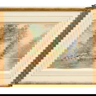James B. Sword, watercolor on paper: James B. Sword, watercolor on paper, James Brade Sword (American, 1839-1915), River Scene, signed lower left, framed under plexiglass, 9.5"h x 13"w (sheet), 17"h x 20"w (frame) Provenance: A Private C