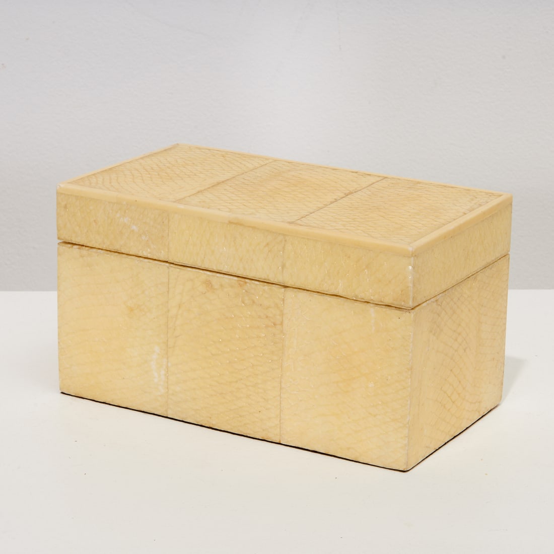 R&Y Augousti reptile skin caddy box: R&Y Augousti reptile skin caddy box, 20th, Paris, the hinged lid opens to two lidded interior compartments, 4"h x 7.5"w x 4"d Provenance: Furniture and Decorative Arts from the Laura Pels Collection, 