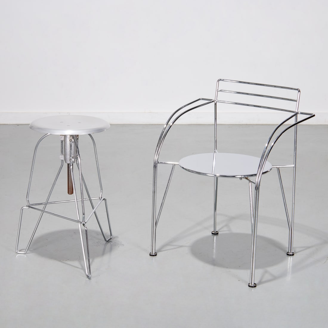 Modernist chromed chair and stool, Mourgue & Covey: Modernist chromed chair and stool, Mourgue & Covey, Late 20th c., incl. a "Silver Moon" armchair by Pascal Mourgue, unsigned, and an adjustable stool, stamped on underside of seat, 30"h x 24"w x 18"d