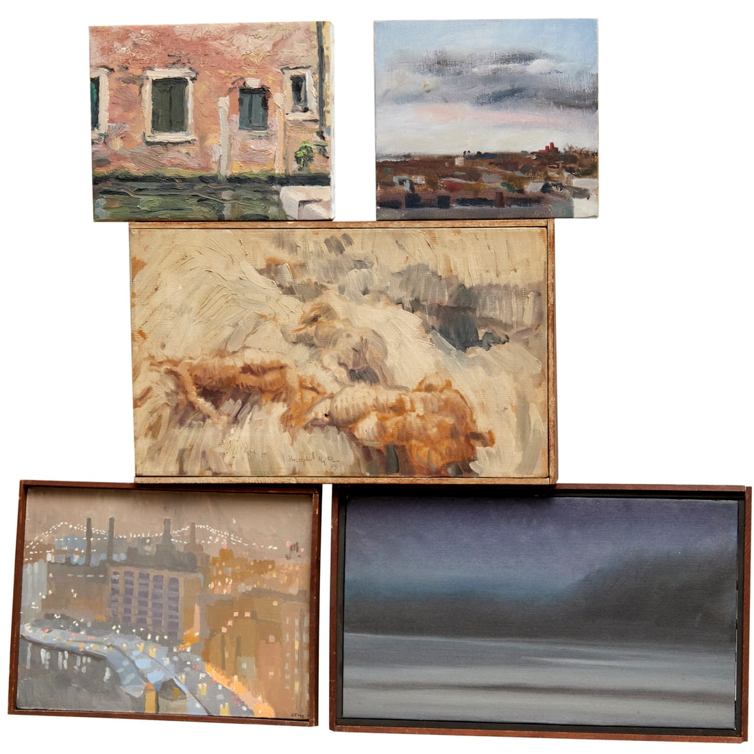 Philip Pearlstein (circle), group oil paintings: Philip Pearlstein (circle), group oil paintings, Circle of Philip Pearlstein (American, 1924-2022), (5) oil on canvas paintings, incl. Theophil Repke (Groell) (1984), initialed S.F. (1973), Michael Bo